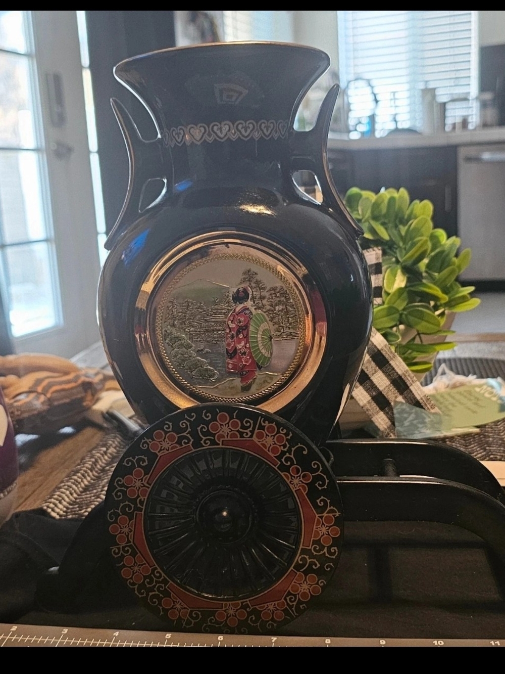 Black Decorative Asian-Style Ceramic Vase with Painted Scene